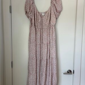 ARULA Pink and White Casual Puff Sleeve Maxi Dress